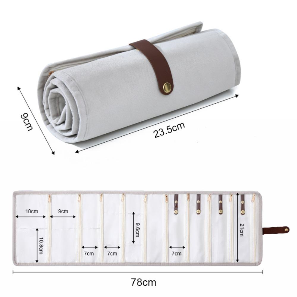 Roll-Up Style Jewelry Organizer Multi-pocket Zipper Anti-lost Jewelry Storage Pouch Flannel Foldable Storage Bag