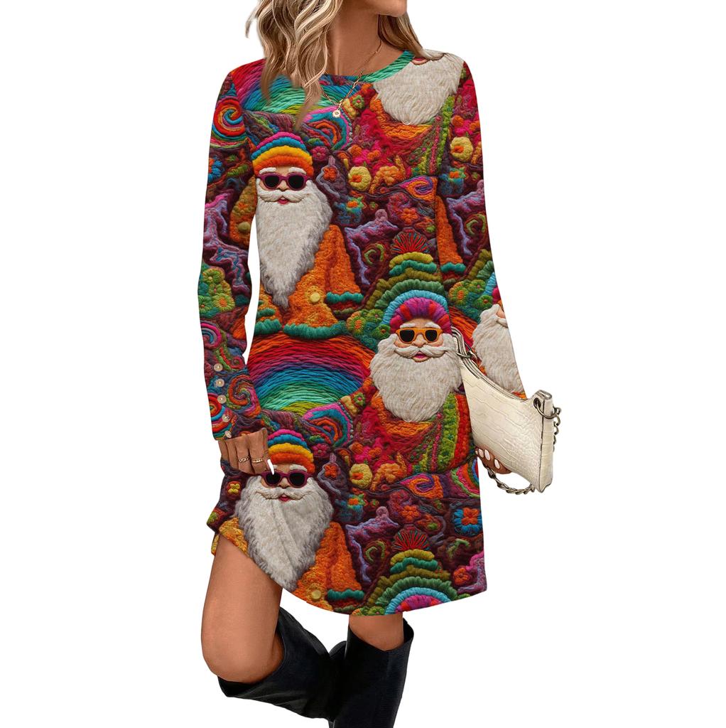 Women's Fashion Casual Dress With Pockets, Decorative Buttons, Christmas Prints, Round Neck And Long Sleeves