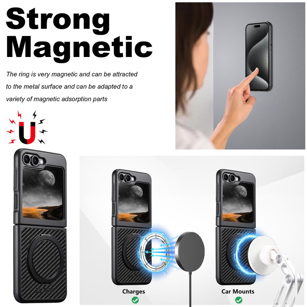 Mobile Phone Case Magnet Wireless Charging 360° Rotating Stand Faux Leather Ring Buckle for Samsung Galaxy Z Flip 7 6 5
