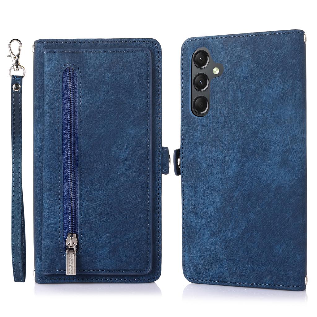 For Samsung Galaxy A35 5G Case Zipper Pocket 9 Card Slots PU Leather Phone Cover with Wrist Strap