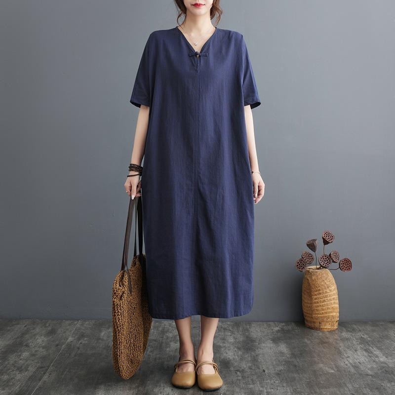 Summer New Cotton and Linen Artistic Retro Pullover Buckle Dress A-line Long Skirt