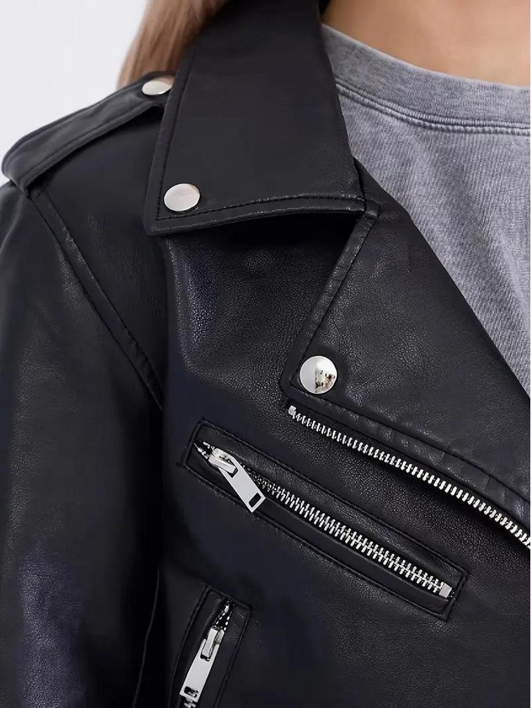 Damen Slim Fit PU-Leder Motorradjacke mit schrägem Reißverschluss