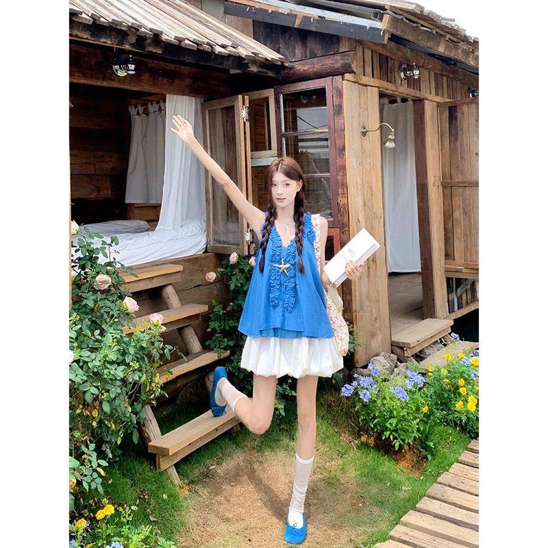 Kumikumi Sweet Set Blue Wooden Ear Cami Women Summer High Waist Flower Bud Skirt Two-piece Set