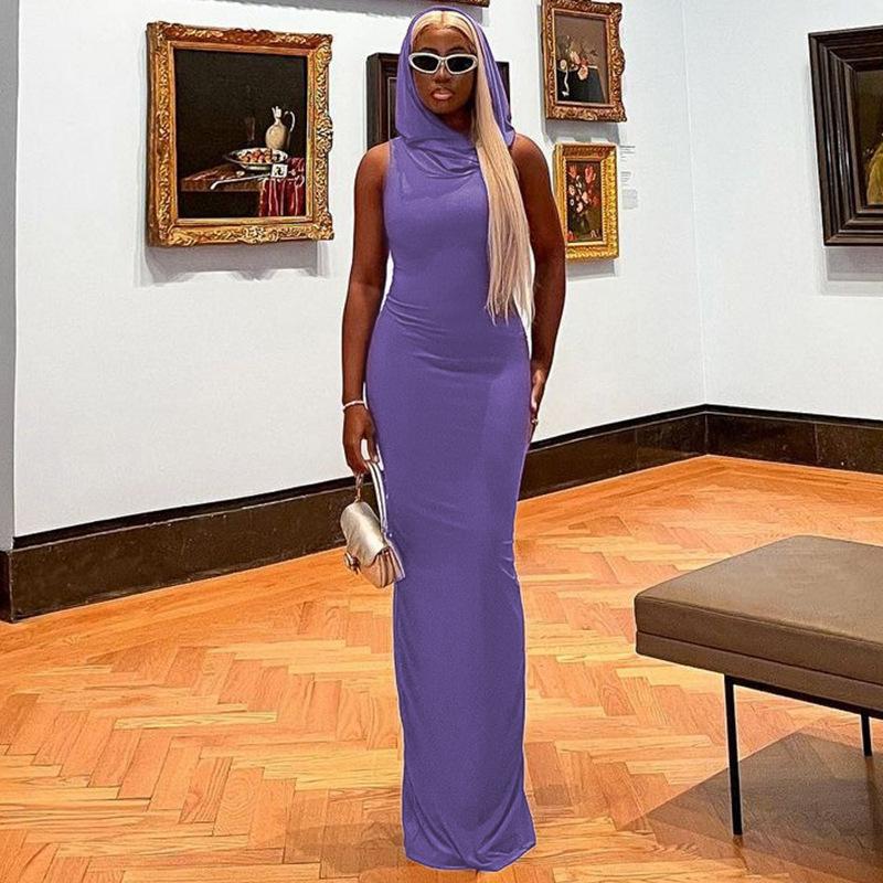 

Women s Solid Color Hooded Slit Sleeveless Dress for Women S фіолетовий
