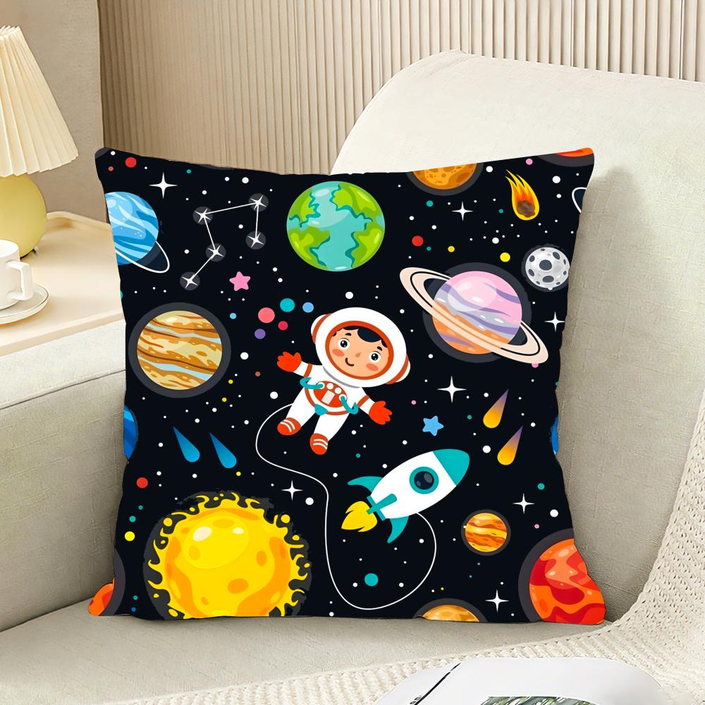 Outer Space Spaceship Astronaut Cushion Cover Reversible Plush Pillow Cover For Car Sofa Bedroom Decorative Gift Pillowcase