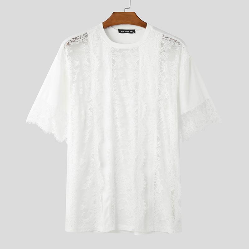 

INCERUN Summer Men Short Sleeve Lace Patchwork Loose See Through Beach T-shirts Tops 3XL белый