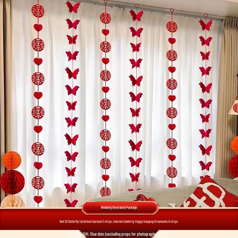 Wedding Curtain Decor: Butterfly Pull Flowers & Double Happiness Strip for New Home or Bedroom