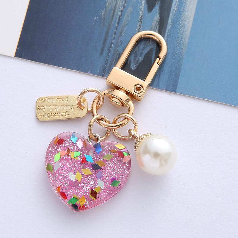 2pcs Bling Acrylic Heart Keychain Colorful Sequin Sweet Imitation Pearl Keyring for Women Girls Bag Decoration