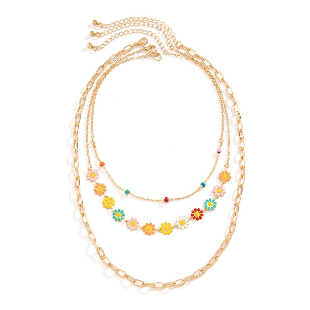 3Pcs/Set Kpop Sweet Colorful Flower Daisy Clavicle Chain Necklace Women Wed Bridal Elegant Sunflower Beads Choker Neck Jewelry