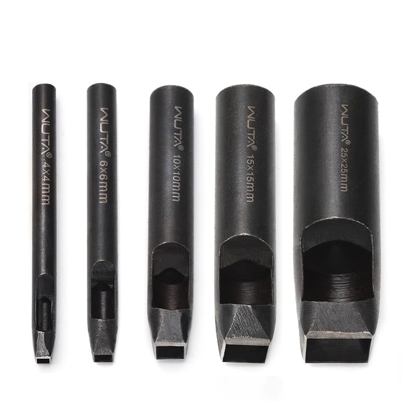 WUTA 5-Piece Set Square Hole Punch Set for Leather Craft, Steel Belt, Square Hole Punch Tool, DIY Hole Punching Tool (4*4+6*6+10*10+15*15+25*25mm)