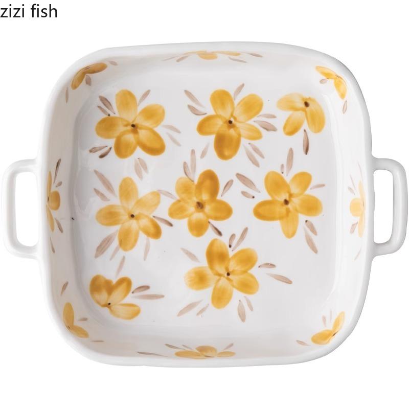 Hand Drawn Flower Ceramic Double Ear Plate Heat Resistant Barbecue Plate Snack Plate Salad Plates Hotel Creative Tableware