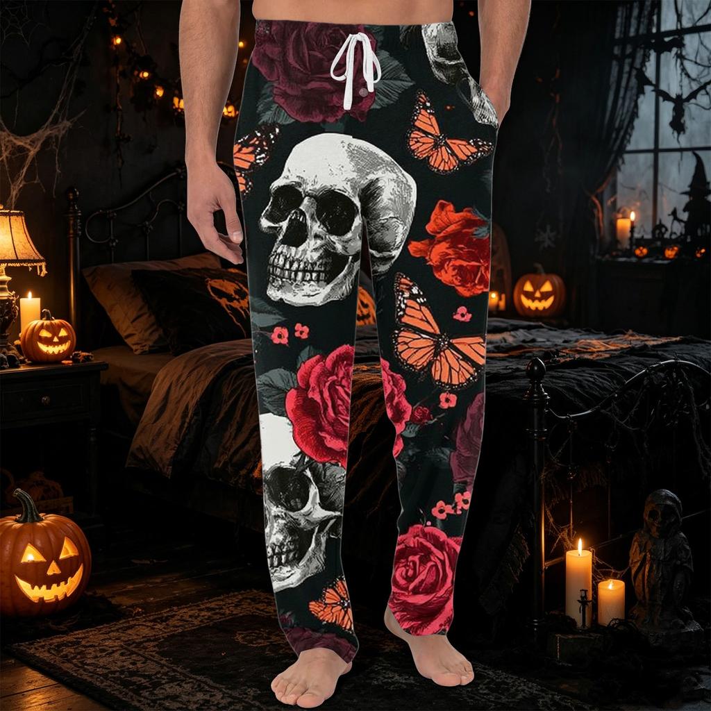 Men's Halloween Printed Knit Pajama Pants with Pockets - Color Casual Sleep Pants for Lounging
