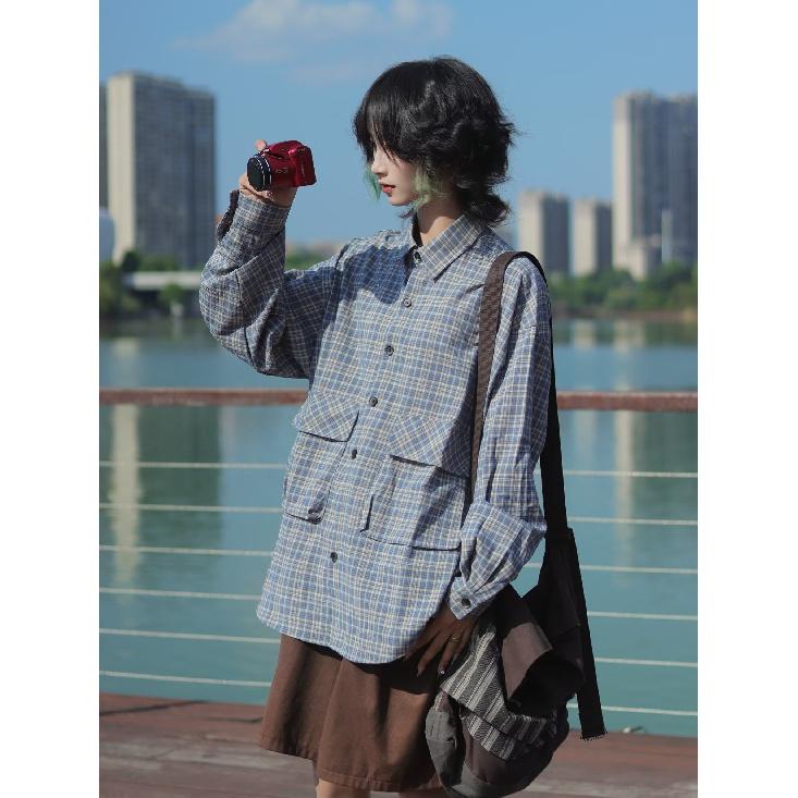 Boyue Qiyue Japanese Style Plaid Long-Sleeved Shirt Trendy All-Matching and Handsome Casual Ins Workwear with Pocket Coat for Men and Women