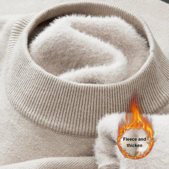 Men Fall Winter Sweater Thick Plush Lined Half-high Collar Knitted Solid Color Elastic Pullover Loose Keep Warm Work School Sweater