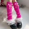 Cable Knit Leg Warmers Boot Cuffs with Bowknot Decorated Sweet Tiered Ruffled Lace Trim Leg Covers Calf Socks for Women