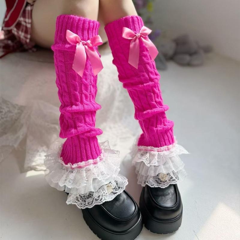 Cable Knit Leg Warmers Boot Cuffs with Bowknot Decorated Sweet Tiered Ruffled Lace Trim Leg Covers Calf Socks for Women