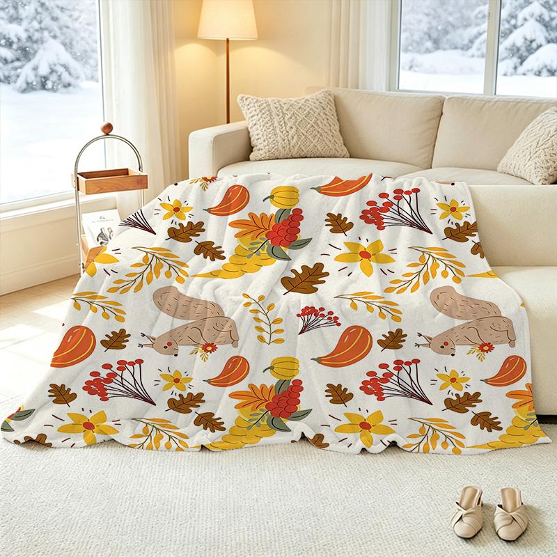 Cute Squirrel Design Flannel Fleece Throw Blanket Bound Edge, Soft Cozy Warm Sofa Cover for Home Casual Relax & Decor
