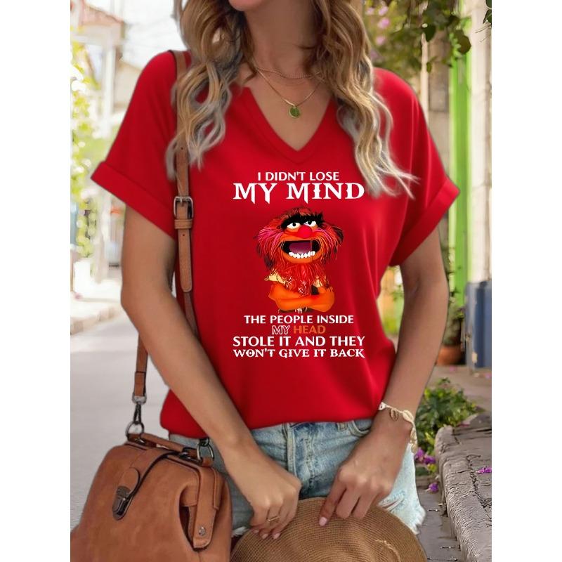 Women's V-Neck "I Didn't Lose My Mind" Graphic Tee, Funny Cartoon Print T-Shirt, Casual Short Sleeve Humor Top