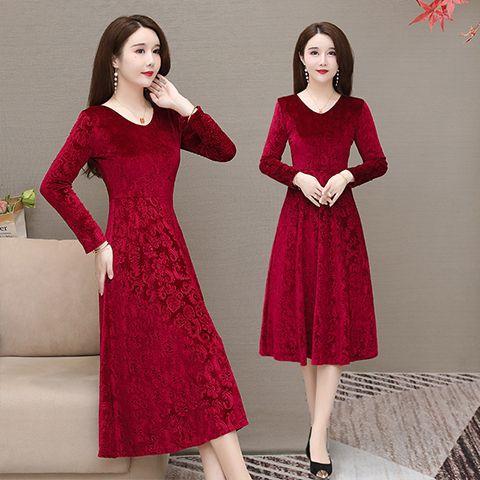 Golden Velvet V-neck Dress, Spring New Long Dress, Embossed Long-sleeved Femininity, Slim and Thin Big Swing Dress