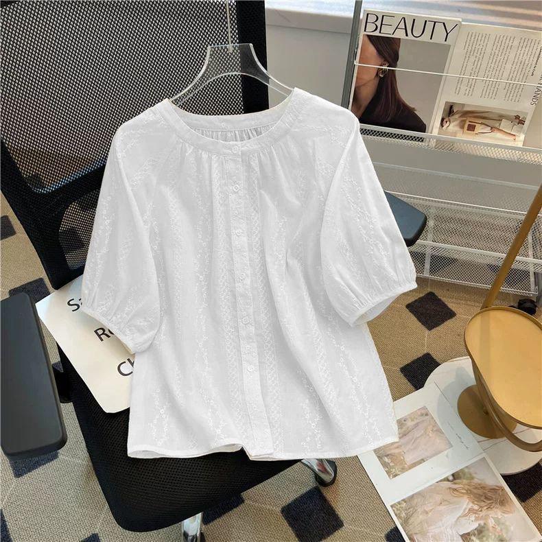 Damska francuska retro żakardowa bawełniana bluzka babydoll z haftem w kolorze morelowym