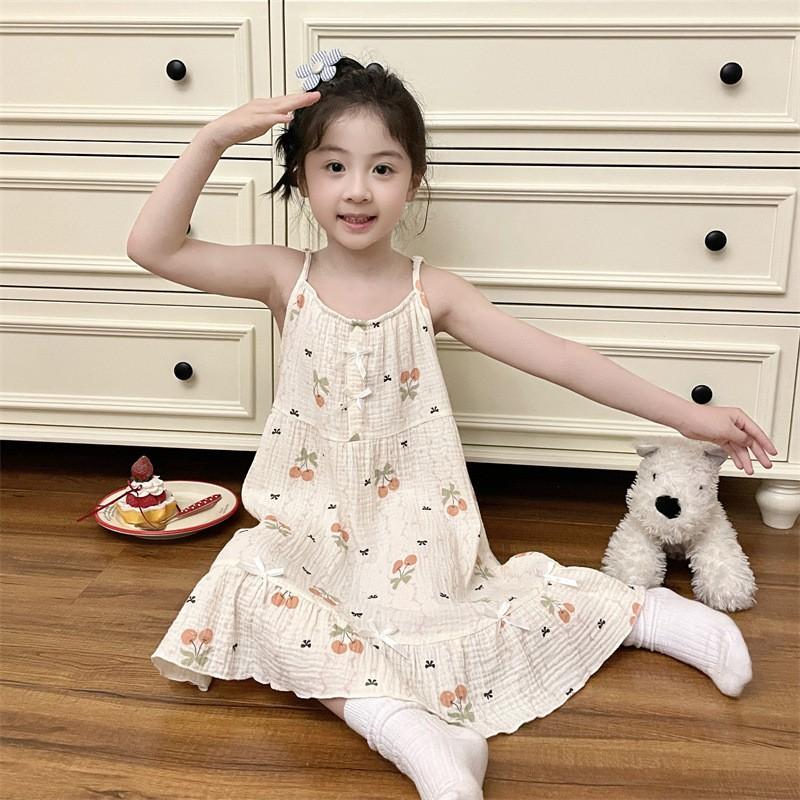 2026 Girls Cotton Gauze Pajama Set Short Sleeve Sleep Dress Cartoon Print Lightweight Home Wear Kids 8