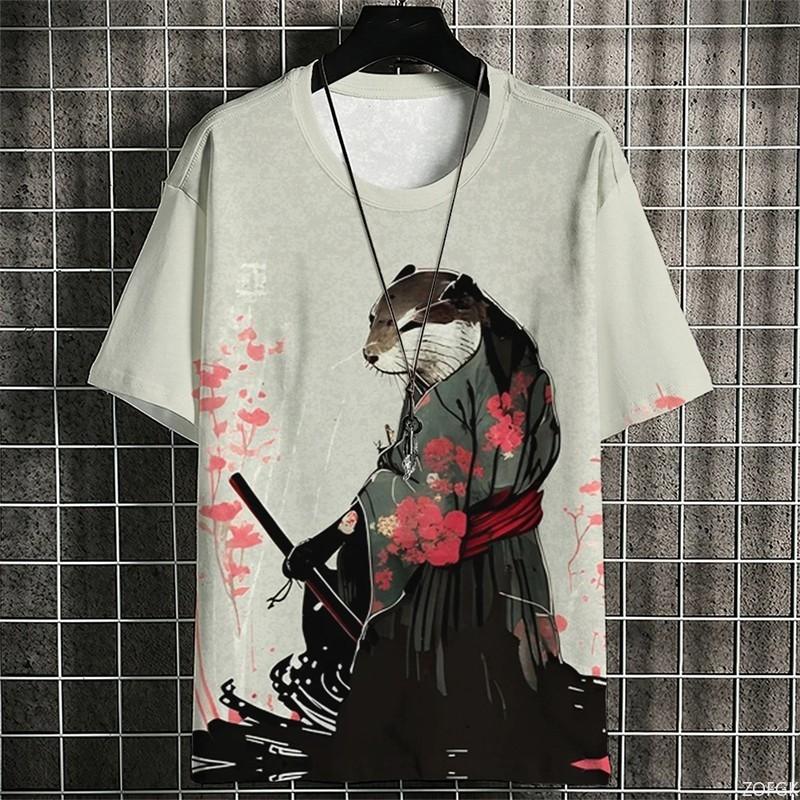 Japanese Samurai Cat Men Summer Fashion Short Sleeve 3d Printed Cartoon Clothing Anime