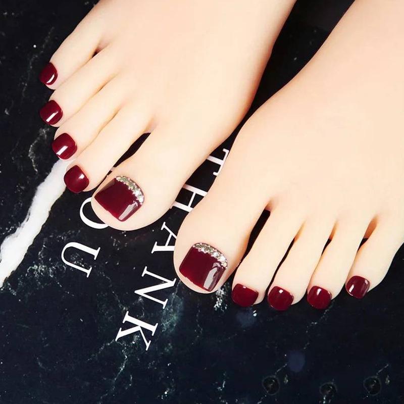 Summer Toenail Stickers Wearing Nails Fake Nails  Finished Wine Deep Red Diamond Nail Nails