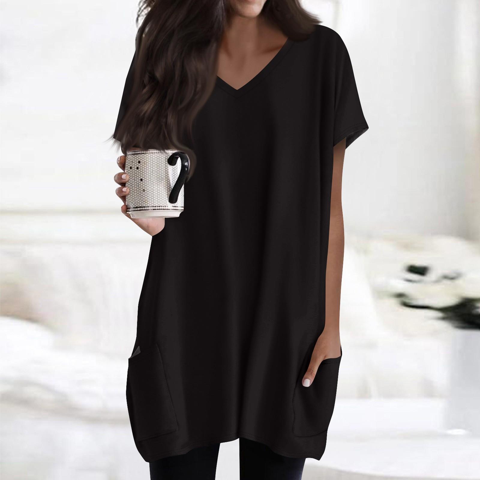 

Женские топы с V-образным вырезом, блузки с коротким рукавом, повседневные рубашки средней длины, модные туники с принтом и карманами XXL чёрный