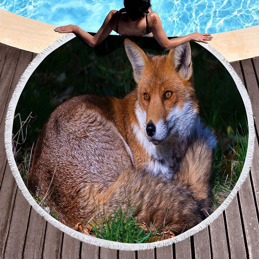 Fox Round Beach Towel, Jungle Wild Animal Beach Blanket,Rustic Farmhouse Woodland Fox Absorbent Quick Dry Pool Towel Picnic Mat