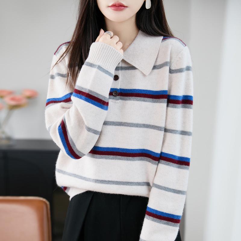 Korean Striped Knit Polo Sweater - Women's Autumn/Winter, Thick & Warm, Age-Reducing, Versatile Top
