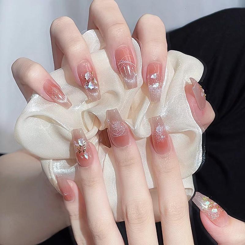 

24-Piece Handmade Medium-Long Cat Eye Blush Press-On Nail Art Set Gel Glue