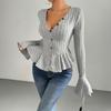 Women's Elegant Style T-Shirt Autumn Winter New V-Neck Ruffle Slim Fit Temperament Fleece Top