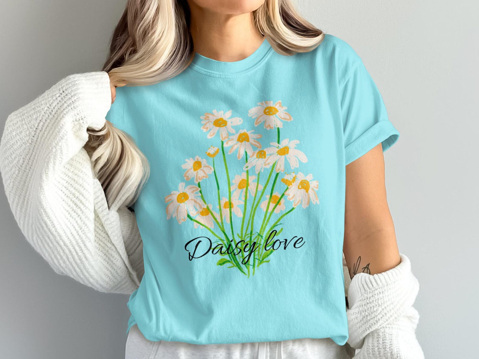 Daisy Love T-shirt, Hand-Drawn Floral Graphic Tee, Cottagecore Boho Style 2XL