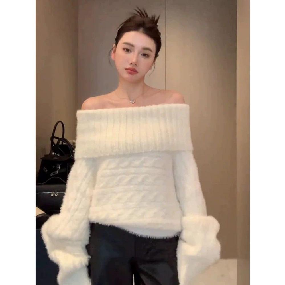 One-word Shoulder Sweater Women's Autumn and Winter New Gentle and Loose High-end Knitted Sweater Pullover Twist Top
