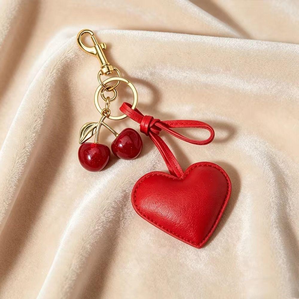 PU Leather Cherry Bag Charm Hearth Design Leather Heart Pendant Cute Cute Car Decor Car Keys
