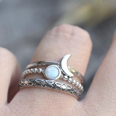 Vintage Mondform Damen Dreiteiliger Ring Australischer Edelstein Set Ring Schmuck