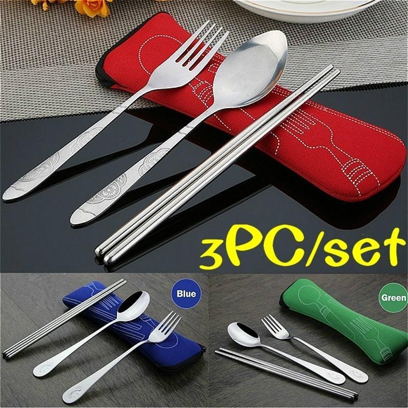 Travel Outdoor 3PC Stainless Steel Fork Spoon Chopsticks Cutlery Set Portable Camping Bag Picnic