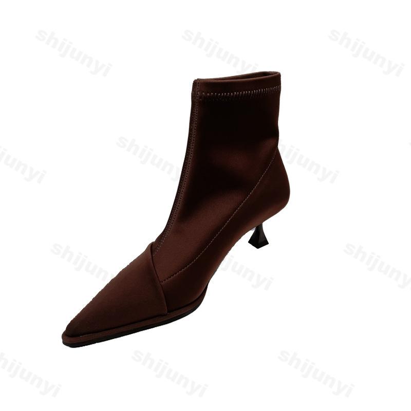 Fashion Fashion Elegant Ladies High Heels New Satin Pointed Toe Short Boots 2025 Autumn Women Thin Heel Stretch Sock Boots Female Shoes