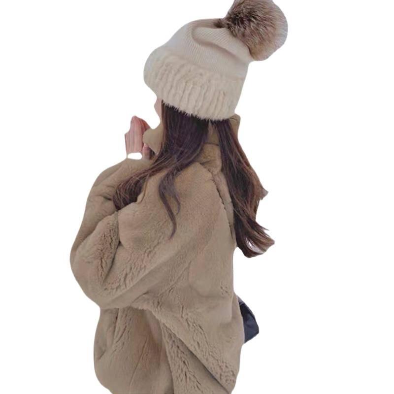 Autumn and winter new imitation leather hooded lamb furry coat women's loose imitation Rex rabbit hair stand-up collar light