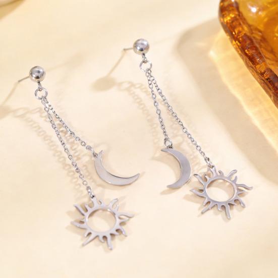 Women Adjustable Bracelet Asymmetrical Sun Moon Design Long Pendant Drop Earrings Face Slimming Jewelry
