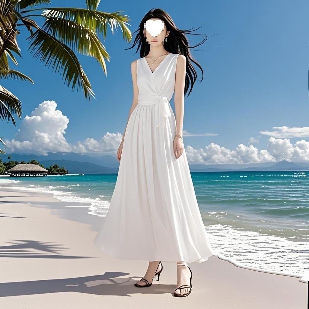 White collar temperament dress new seaside vacation summer sleeveless long dress chiffon beach dress red