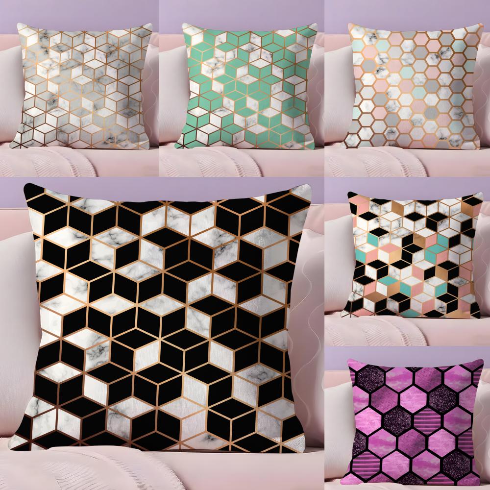 Hexagon Marble Pattern Cushion Cover Plush Fabric Soft DoubleSided Printed Sofa Warm Winter Home Gift Pillow Cover