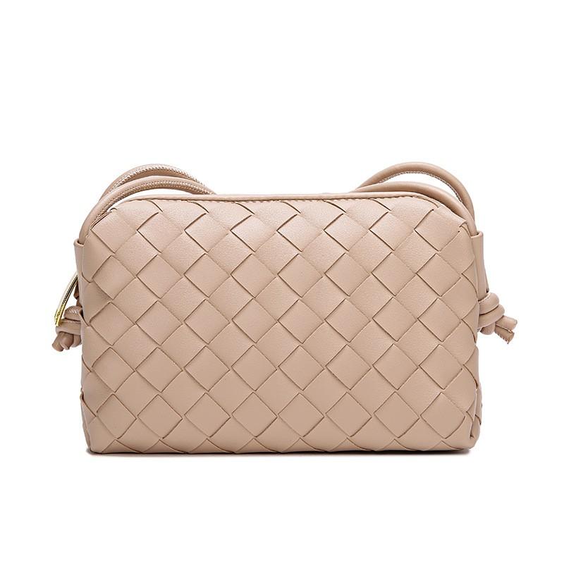 Womens Small Square Leather Crossbody Bag With Woven Detail Soft Genuine Cowhide Shoulder Phone Camera Daily Use