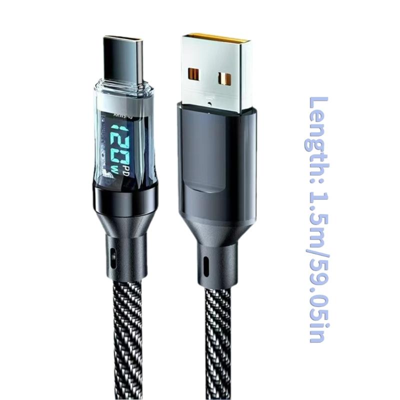120W Type C to USB Cable with LED Digital Display Fast Charging USB C Charging Data Cable Wire Cord Data Transfer