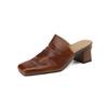 Fashion 2025 Summer New Genuine Leather Retro Semi-drag Mueller Slippers Woman Women's High Heel Square Toe Casual Shoes Women Slippers