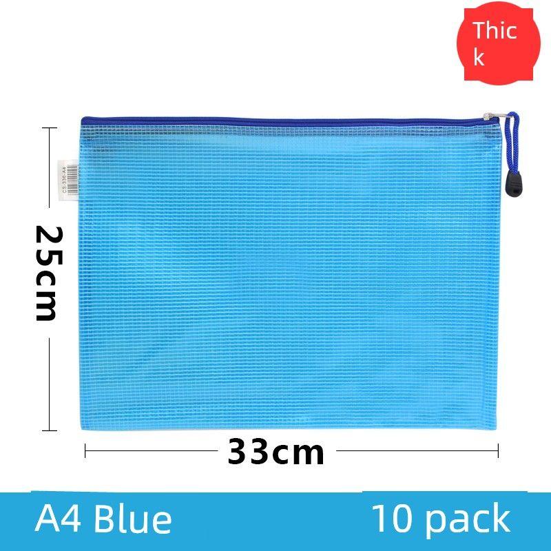 A4 File Bag Zipper Transparent Plastic Large-Capacity Folder File Bag Grid Zipper Test Paper Storage Bag File A4 Blue (Thick) 10 Pieces