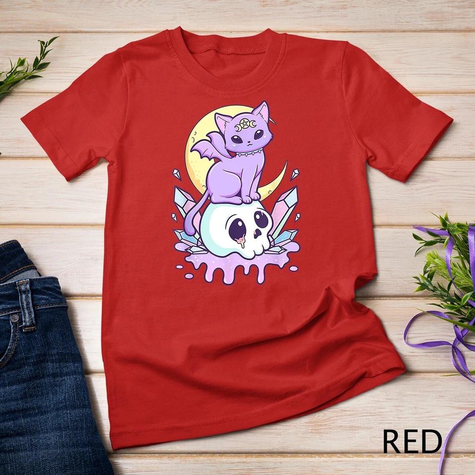 Kawaii Pastel Goth Cute Creepy Witchy Cat and Skull Anime Unisex T-shirt 7 L
