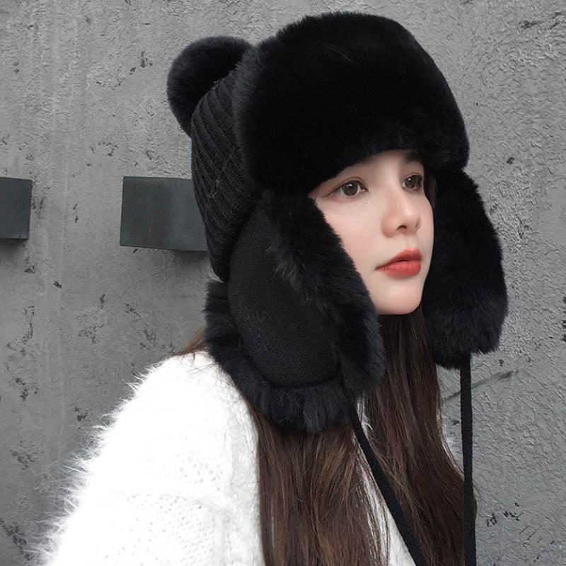 Lei Feng lue dame vinter ull trend plus fleece strikket lue varm og søt og søt ørepropper Kald ull lue