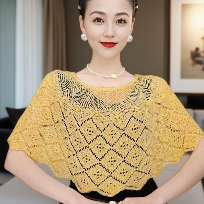 Ladies Knitted Ice Silk Shawl Summer Lightweight Hollow Out Design Fashionable Sequin Shoulder Cover Head Over Shoulder Wrap