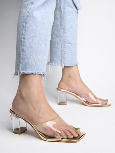 Women S Clear Block Heel Mules Pink || Transparent Strap Slip-On Sandals || Open Toe Chunky Heels Eu41 8 UK